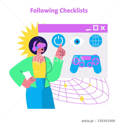 Vector illustration of woman engaging with a digital interface. Includes icons for power, vision, and gaming. Concept of technology interaction and checklist verification depicted. Vector illustration of woman engaging with a digital interface. Includes icons for power, vision, and gaming. Concept of technology interaction and checklist verification depicted. 130391800