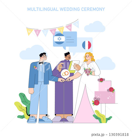 A colorful vector illustration of a multicultural wedding ceremony with a diverse couple and officiant. Flags symbolize multilingual communication, creating an inclusive atmosphere. 130391818