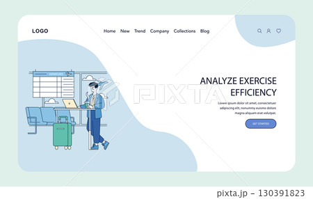 Business traveler standing in an airport lounge with a laptop, holding a coffee. Background includes a departure board and luggage. Vector illustration emphasizing travel efficiency. Business traveler standing in an airport lounge with a laptop, holding a coffee. Background includes a departure board and luggage. Vector illustration emphasizing travel efficiency. 130391823