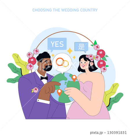 Vector illustration of a couple deciding on their wedding country. They hold a globe and display joyful expressions surrounded by wedding symbols and nature elements. Vector illustration of a couple deciding on their wedding country. They hold a globe and display joyful expressions surrounded by wedding symbols and nature elements. 130391831