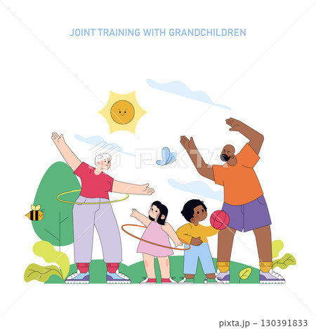 Vector illustration of a family enjoying outdoor activities with hula hoops and a basketball. Adults and children display joy and excitement in a sunny, playful setting. 130391833