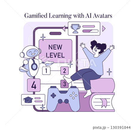 Vector illustration depicting gamified learning with AI avatars. Includes student celebrating progress, gaming elements, and educational icons. Engaging and playful approach to e-learning. Vector illustration depicting gamified learning with AI avatars. Includes student celebrating progress, gaming elements, and educational icons. Engaging and playful approach to e-learning. 130391844