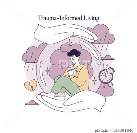 Vector illustration of a person experiencing trauma-informed living. Surrounded by symbolic elements like clocks and broken hearts, they embrace healing, inner peace, and emotional growth. Vector illustration of a person experiencing trauma-informed living. Surrounded by symbolic elements like clocks and broken hearts, they embrace healing, inner peace, and emotional growth. 130391846
