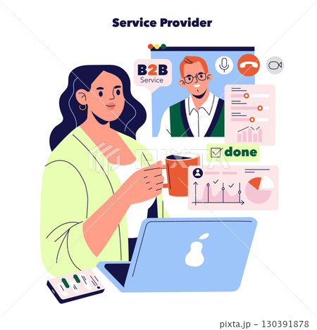 Business illustration showing a woman holding a coffee cup while participating in an online B2B meeting. Includes charts, graphs, and done checklist on laptop screen. 130391878