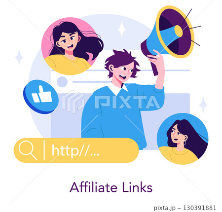Vector illustration of a person using a megaphone symbolizing promotion and communication in affiliate marketing. Other people and social media icons represent online interaction. 130391881