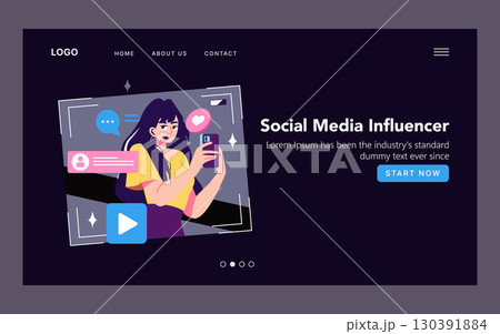 Social media influencer taking a selfie with a smartphone, surrounded by likes and comments in a digital interface. Vector illustration showcasing online presence and engagement. Social media influencer taking a selfie with a smartphone, surrounded by likes and comments in a digital interface. Vector illustration showcasing online presence and engagement. 130391884
