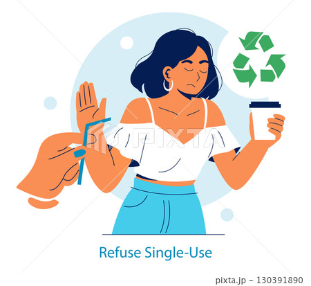 Vector illustration of a woman rejecting a single-use plastic straw while holding a reusable cup, emphasizing recycling and environmental awareness. Expression of determination and awareness. Vector illustration of a woman rejecting a single-use plastic straw while holding a reusable cup, emphasizing recycling and environmental awareness. Expression of determination and awareness. 130391890