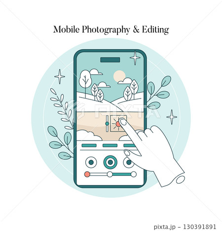 Vector illustration of a mobile device with a hand adjusting photo editing settings. The image showcases a digital interface, highlighting the ease of mobile photography and editing controls. 130391891