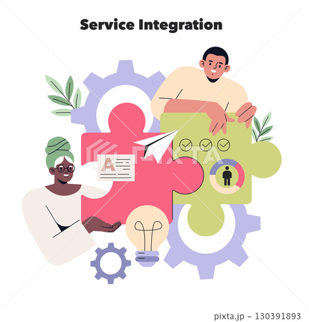 Vector illustration of service integration represented by diverse individuals collaborating on colorful puzzle pieces with gears, symbols, and communication icons. Vector illustration of service integration represented by diverse individuals collaborating on colorful puzzle pieces with gears, symbols, and communication icons. 130391893