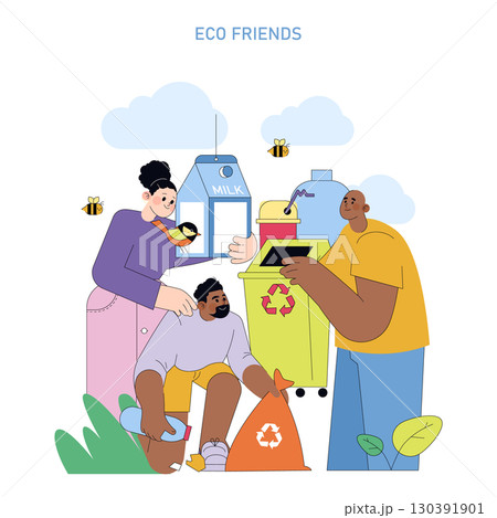 Vector illustration of a diverse group of people engaging in recycling activities, featuring recycling bins and eco elements like birds and bees, promoting environmental sustainability. 130391901