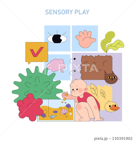Colorful vector illustration of a toddler engaging in sensory play with various objects like a toy duck and sea items, designed to stimulate touch, sight, and curiosity. Colorful vector illustration of a toddler engaging in sensory play with various objects like a toy duck and sea items, designed to stimulate touch, sight, and curiosity. 130391902