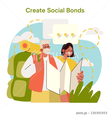 Vector illustration of a smiling pair reading a map together, symbolizing adventure and connection. They appear to share joyful expressions, emphasizing the importance of social bonds. Vector illustration of a smiling pair reading a map together, symbolizing adventure and connection. They appear to share joyful expressions, emphasizing the importance of social bonds. 130391933