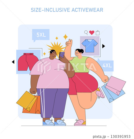 Size-inclusive activewear shopping features two smiling individuals holding shopping bags and a smartphone. This vector illustration emphasizes online shopping for diverse body sizes. 130391953