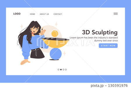 Vector illustration of a website banner featuring a woman demonstrating 3D art creation. She interacts with virtual shapes, suggesting creativity and technology in graphic design. 130391976