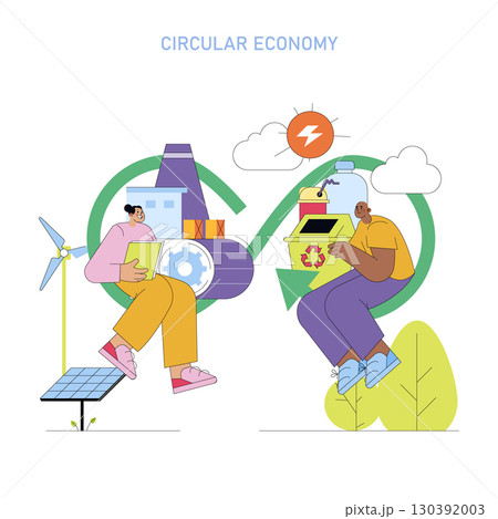 Vector illustration of two people engaging in circular economy concepts, highlighting renewable energy and recycling. Symbols of sustainability and environmental responsibility are featured. 130392003