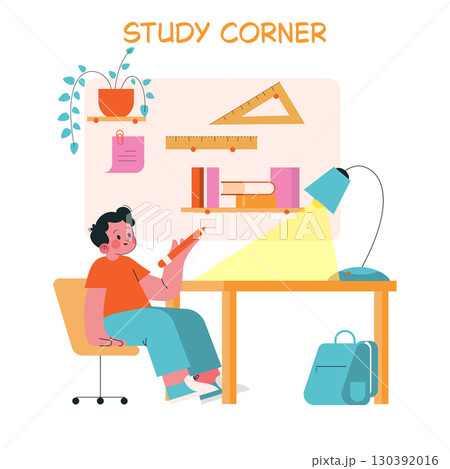 Vector illustration of a young child sitting at a desk in a colorful study corner, holding a pencil and thinking. Surrounded by books, a lamp, and educational tools like rulers. 130392016