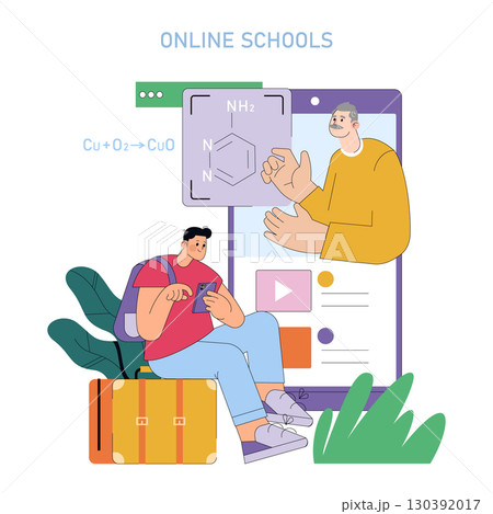 Vector illustration of a student engaging in online learning, using a tablet to interact with a virtual teacher on a large screen. Chemistry concepts are visually present around them. 130392017