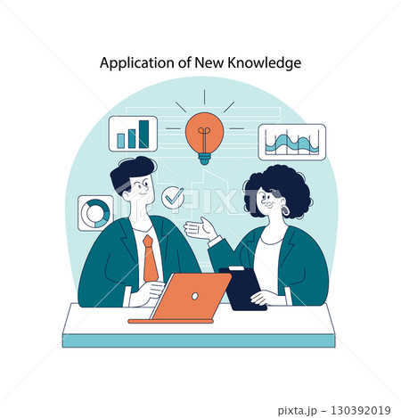 Vector illustration of two professionals discussing new business strategies at a desk. Concepts of teamwork, innovation, and data analysis are highlighted with charts and graphs. 130392019