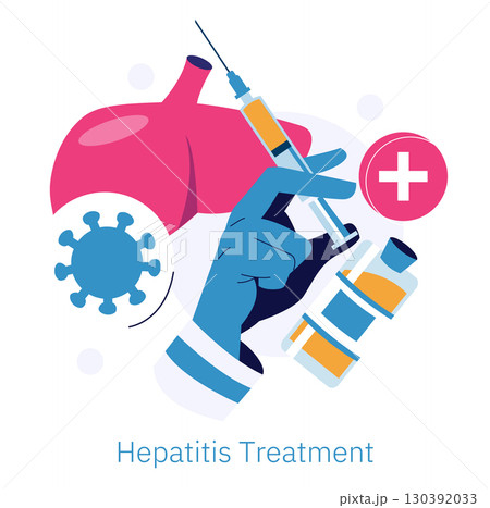 Vector illustration showing a hand holding a syringe aimed at treating hepatitis, with symbols of the liver, a virus, and a medical cross, demonstrating a healthcare approach. Vector illustration showing a hand holding a syringe aimed at treating hepatitis, with symbols of the liver, a virus, and a medical cross, demonstrating a healthcare approach. 130392033