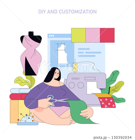 Vector illustration of a woman engaging in DIY customization. She is sewing and cutting fabric alongside a sewing machine, pattern, and dress form, focusing on creativity and personalization. Vector illustration of a woman engaging in DIY customization. She is sewing and cutting fabric alongside a sewing machine, pattern, and dress form, focusing on creativity and personalization. 130392034