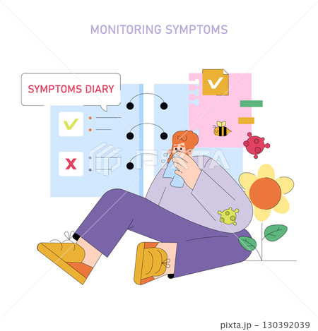 Vector illustration of a person sneezing and monitoring symptoms on a digital diary. Depicts the process of tracking health indicators with colorful icons and a checklist. 130392039