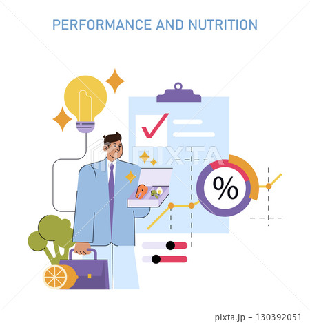 Vector illustration of a businessman holding a healthy meal box with nutrition elements, alongside a performance chart and a glowing lightbulb symbolizing ideas and energy. 130392051