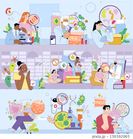 Vector illustration highlighting healthcare professionals researching viruses and bacteria in a lab. Vibrant scenes depict scientists using microscopes, evaluating research, and analyzing data. 130392065