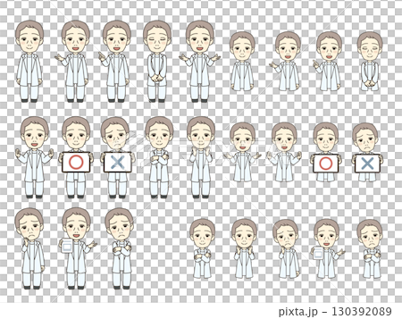 具有各種面部表情的男性醫務工作者插圖集 130392089