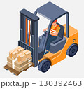 Isometric Forklift Operator Loading Pallet with Boxes 130392463
