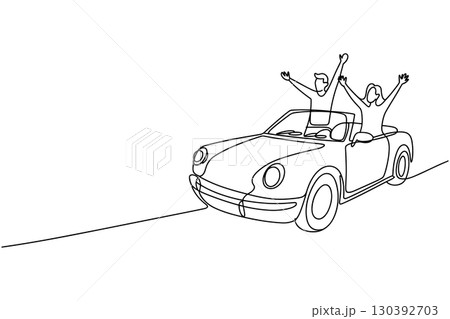 Continuous Line Drawing of a Group of Happy Friends on a Road Trip in a Convertible Car 130392703