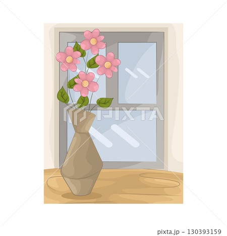 Illustration of Vase with beautiful flower near the window 130393159