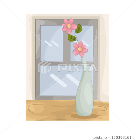 Illustration of Vase with beautiful flower near the window 130393161