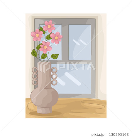 Illustration of Vase with beautiful flower near the window 130393168