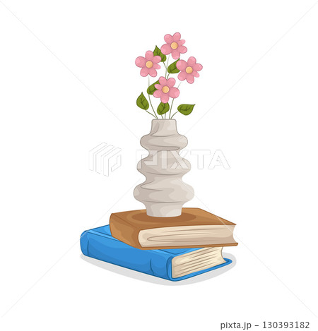 Illustration of Vase with beautiful flower on top of books Illustration of Vase with beautiful flower on top of books 130393182