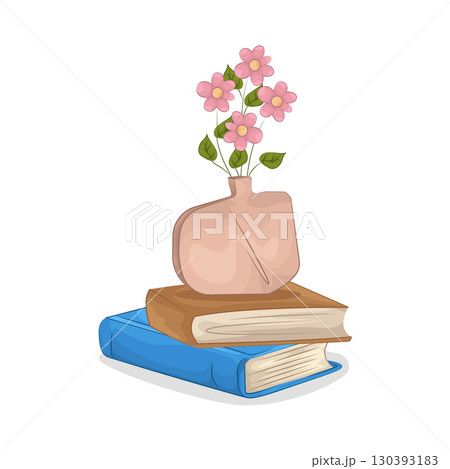 Illustration of Vase with beautiful flower on top of books 130393183