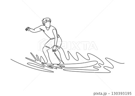 Continuous one line drawing active male surfer athlete riding a wave, representing the balance, concentration, and thrilling lifestyle of a surfer. Single line draw design vector graphic illustration 130393195