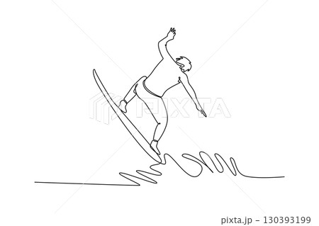 Continuous one line drawing back view of male surfer athlete in action on the waves. Representing balance, concentration, and thrilling lifestyle. Single line draw design vector graphic illustration 130393199