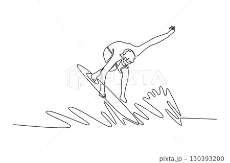 Continuous one line drawing male surfer athlete in action on the waves. Representing balance, concentration, and thrilling lifestyle of the sports. Single line draw design vector graphic illustration 130393200