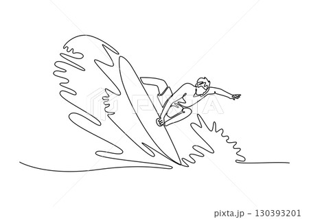 Continuous one line drawing male surfer athlete on the large wave, with one hand on the water. Control, athletic skills, powerful motion of ocean. Single line draw design vector graphic illustration Continuous one line drawing male surfer athlete on the large wave, with one hand on the water. Control, athletic skills, powerful motion of ocean. Single line draw design vector graphic illustration 130393201