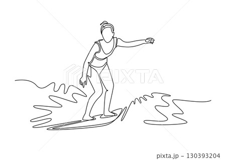 Single continuous line drawing beauty female surfer athlete on the wave with elegant poise. Athletic skill, freedom, and powerful motion of the ocean. One line draw graphic design vector illustration 130393204