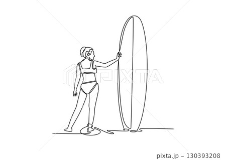 Single continuous line drawing back view woman surfer stands on beach with surfboard, looking at waves. Anticipation, freedom, peaceful thrill of sea. One line draw graphic design vector illustration Single continuous line drawing back view woman surfer stands on beach with surfboard, looking at waves. Anticipation, freedom, peaceful thrill of sea. One line draw graphic design vector illustration 130393208