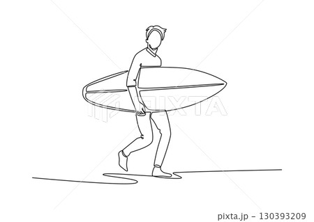 Single continuous line drawing happy male surfer is walking with his surfboard, symbolizing relaxed lifestyle, leisure, and freedom of the sea. Dynamic one line draw graphic design vector illustration 130393209
