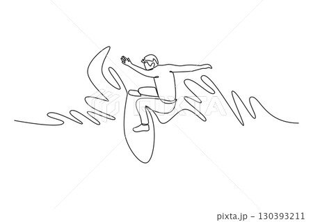 Single one line drawing male surfer athlete in action on big waves, representing the balance, concentration, and thrilling lifestyle of surfer. Continuous line draw design graphic vector illustration 130393211