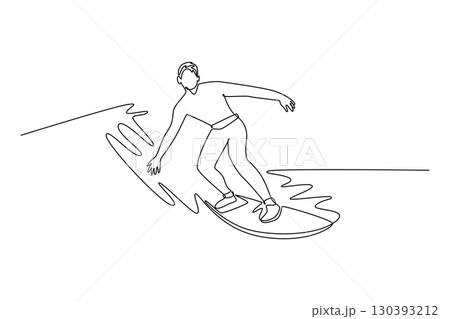 Single one line drawing male surfer athlete in action on the waves. Representing the balance, concentration, and thrilling lifestyle of surfer. continuous line draw design graphic vector illustration 130393212