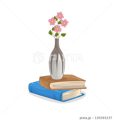 Illustration of Vase with beautiful flower on top of books Illustration of Vase with beautiful flower on top of books 130393237
