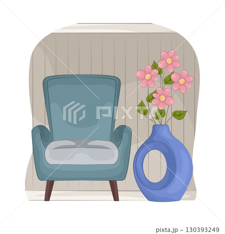 Illustration of Vase with beautiful flower near the armchair 130393249