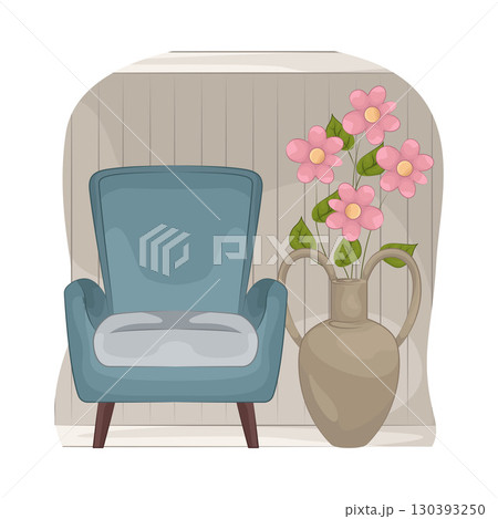 Illustration of Vase with beautiful flower near the armchair 130393250