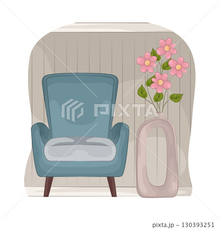 Illustration of Vase with beautiful flower near the armchair 130393251