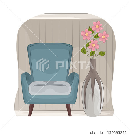 Illustration of Vase with beautiful flower near the armchair 130393252
