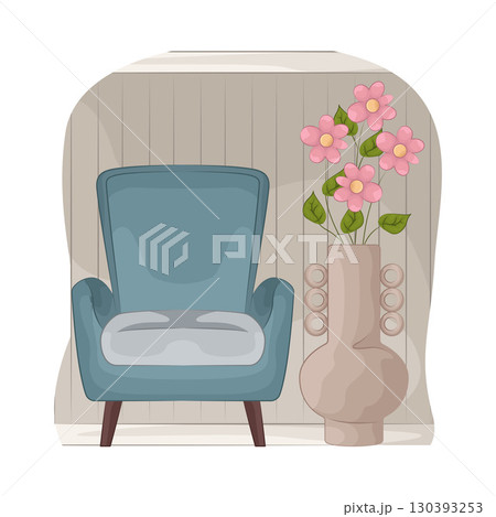 Illustration of Vase with beautiful flower near the armchair 130393253
